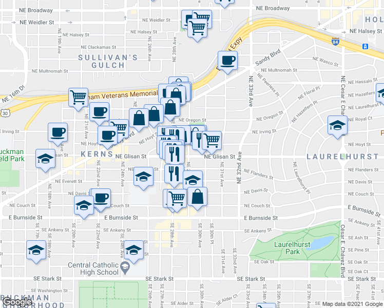 map of restaurants, bars, coffee shops, grocery stores, and more near 502 Northeast 29th Avenue in Portland