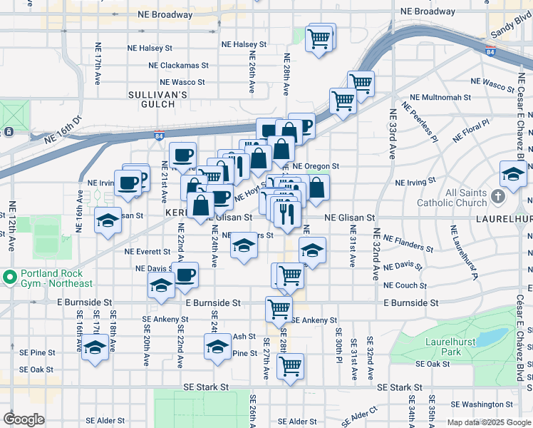 map of restaurants, bars, coffee shops, grocery stores, and more near 511 Northeast Lawrence Avenue in Portland
