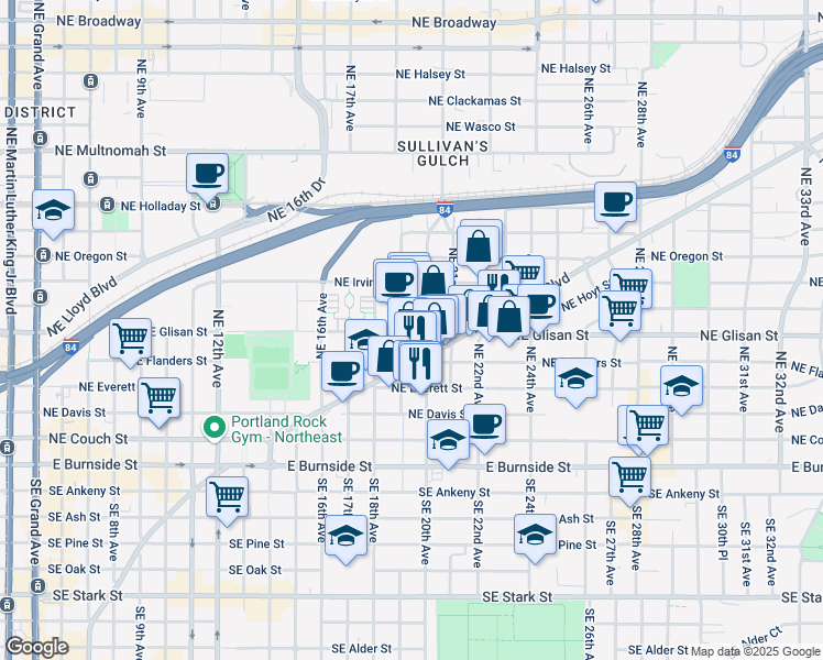 map of restaurants, bars, coffee shops, grocery stores, and more near 1914 Northeast Glisan Street in Portland