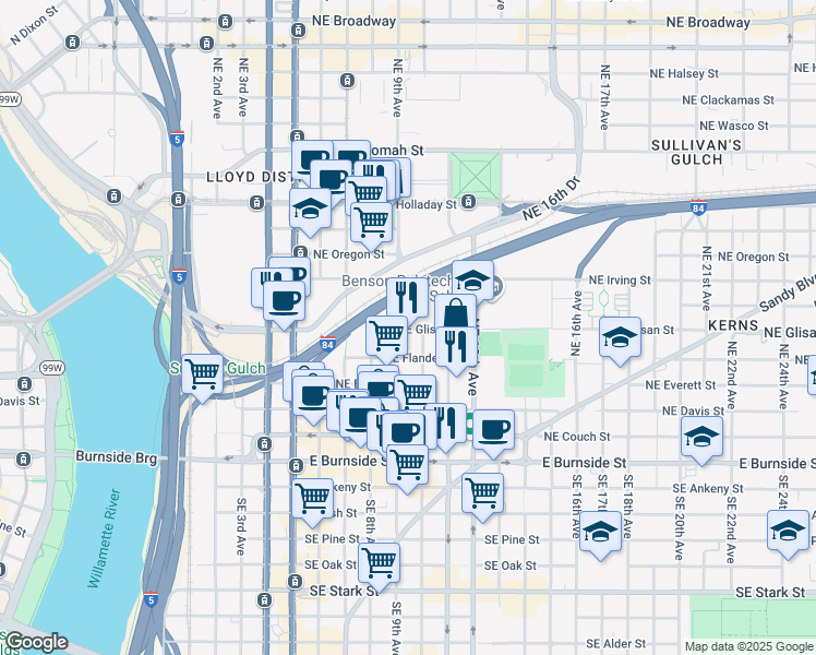 map of restaurants, bars, coffee shops, grocery stores, and more near 846 Northeast Glisan Street in Portland