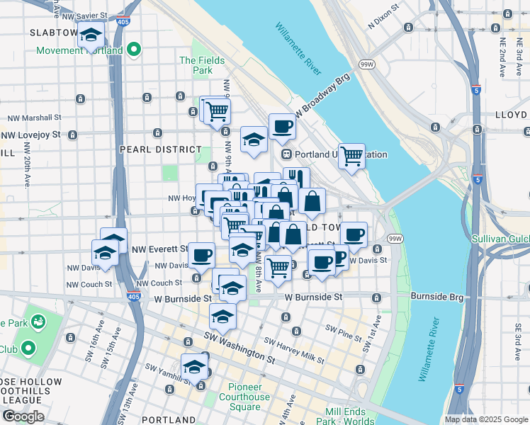 map of restaurants, bars, coffee shops, grocery stores, and more near 439 Northwest Broadway in Portland