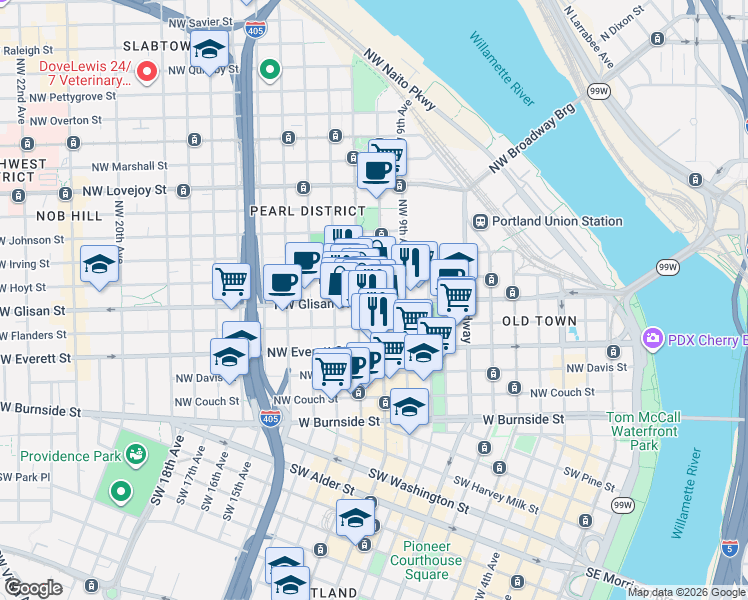 map of restaurants, bars, coffee shops, grocery stores, and more near in Portland