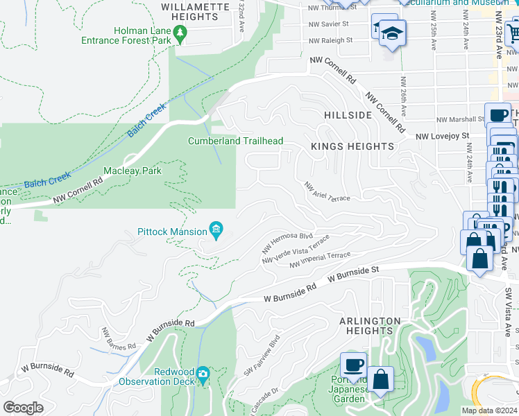 map of restaurants, bars, coffee shops, grocery stores, and more near 3039 Northwest Monte Vista Terrace in Portland