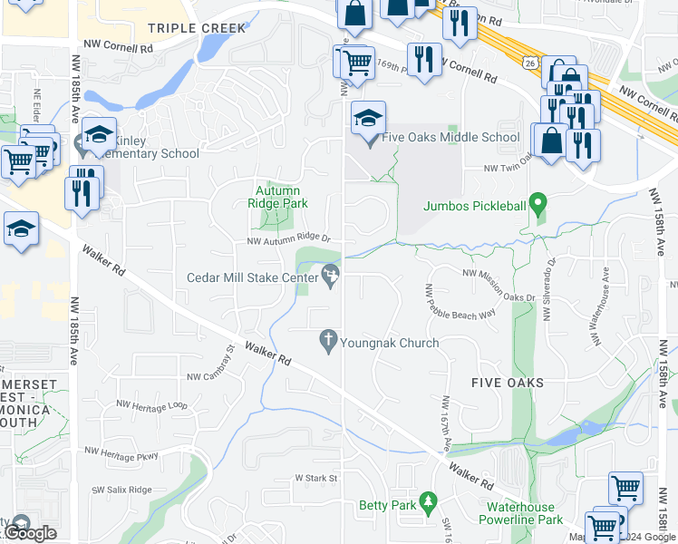 map of restaurants, bars, coffee shops, grocery stores, and more near 977 Northwest 170th Drive in Beaverton