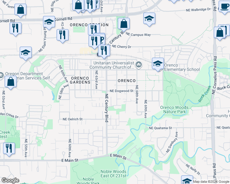map of restaurants, bars, coffee shops, grocery stores, and more near 6620 Northeast Dogwood Street in Hillsboro
