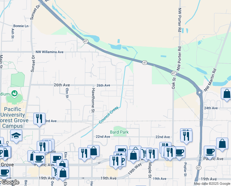 map of restaurants, bars, coffee shops, grocery stores, and more near 2863 25th Avenue in Forest Grove