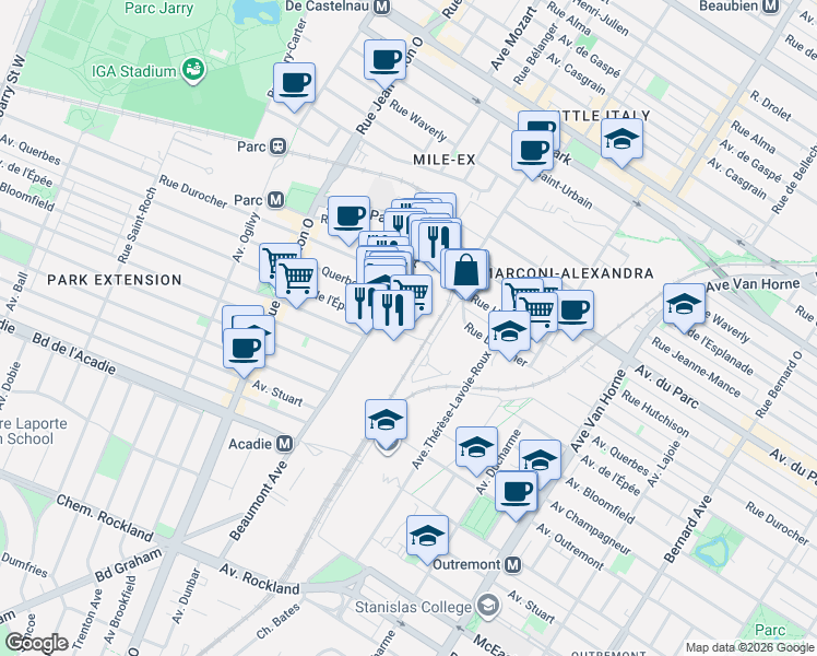 map of restaurants, bars, coffee shops, grocery stores, and more near 6829 Avenue de l'Épée in Montréal