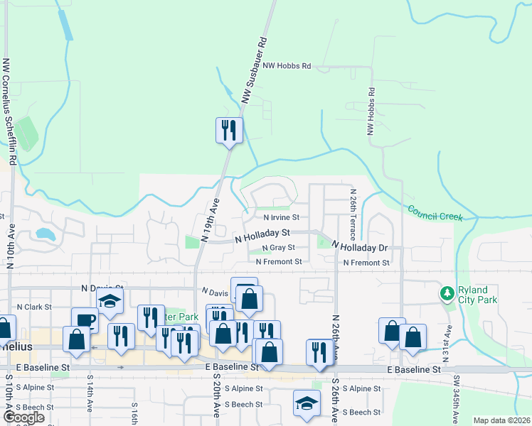 map of restaurants, bars, coffee shops, grocery stores, and more near 2224 North Irvine Street in Cornelius