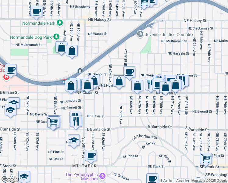 map of restaurants, bars, coffee shops, grocery stores, and more near 6323 Northeast Glisan Street in Portland