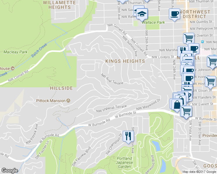 map of restaurants, bars, coffee shops, grocery stores, and more near 571 Northwest Alpine Terrace in Portland