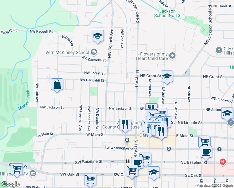 map of restaurants, bars, coffee shops, grocery stores, and more near 260 Northwest Rachel Street in Hillsboro