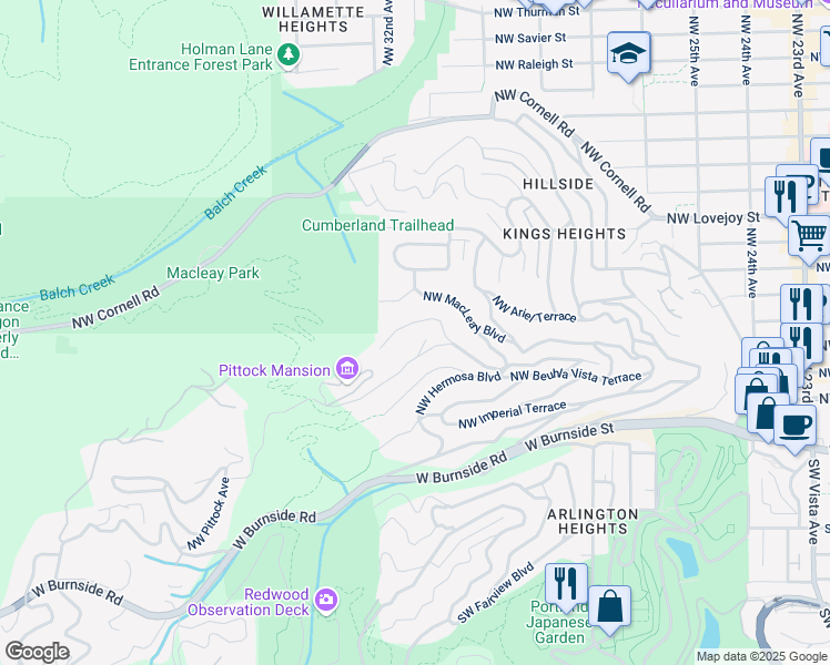 map of restaurants, bars, coffee shops, grocery stores, and more near 3039 Northwest Monte Vista Terrace in Portland