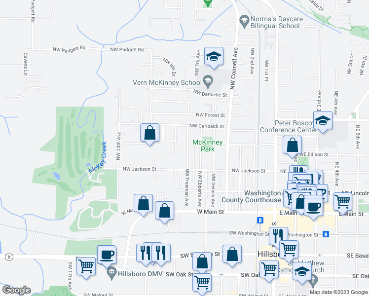 map of restaurants, bars, coffee shops, grocery stores, and more near 423 Northwest Freeman Avenue in Hillsboro