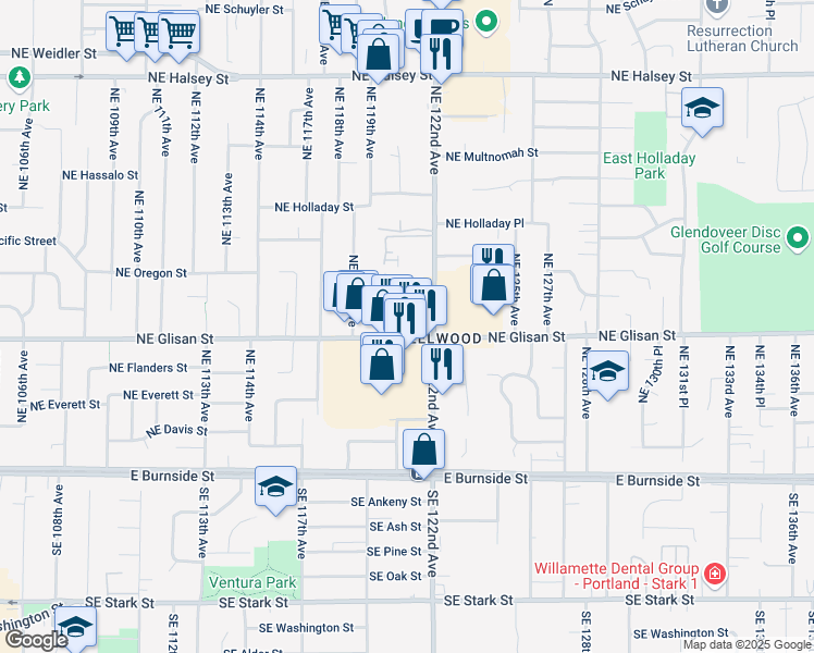 map of restaurants, bars, coffee shops, grocery stores, and more near 12017 Northeast Glisan Street in Portland