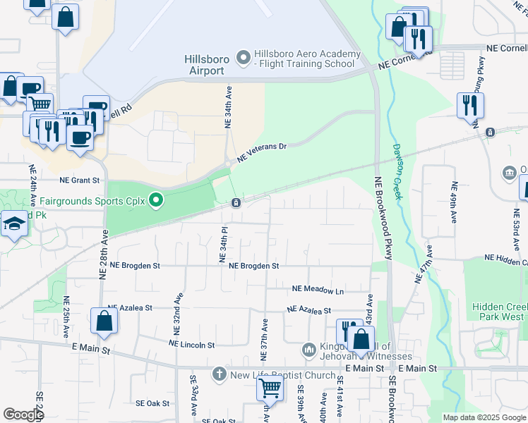 map of restaurants, bars, coffee shops, grocery stores, and more near 491 Northeast 37th Avenue in Hillsboro