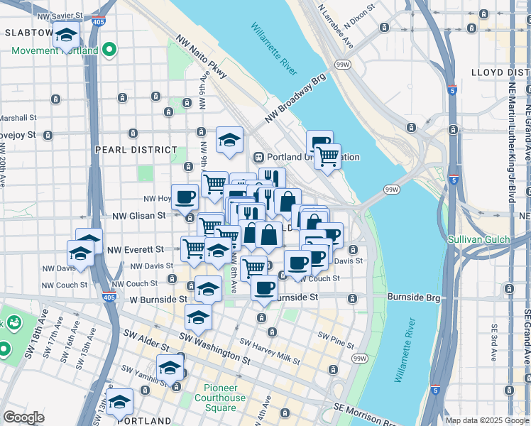 map of restaurants, bars, coffee shops, grocery stores, and more near NW Glisan St & NW 6th Ave in Portland