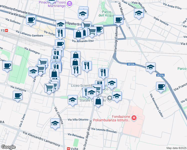 map of restaurants, bars, coffee shops, grocery stores, and more near 31 Via Giovanni Renica in Brescia