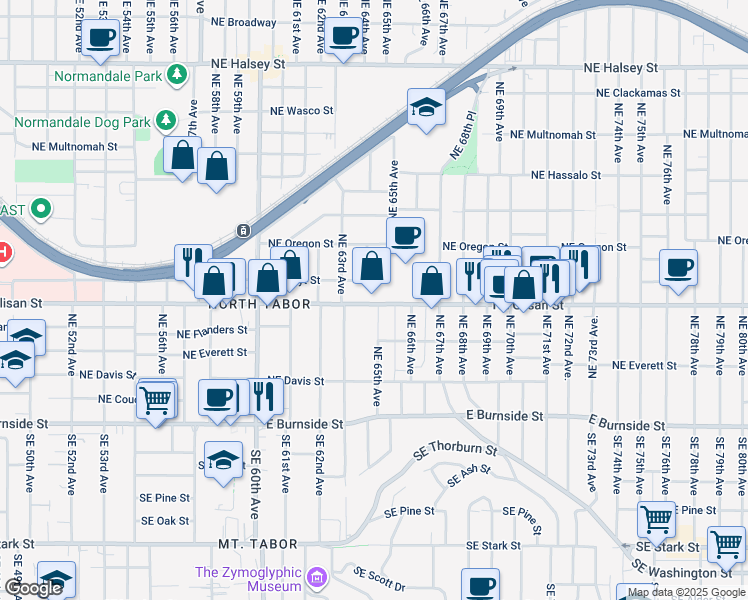 map of restaurants, bars, coffee shops, grocery stores, and more near 6323 Northeast Glisan Street in Portland