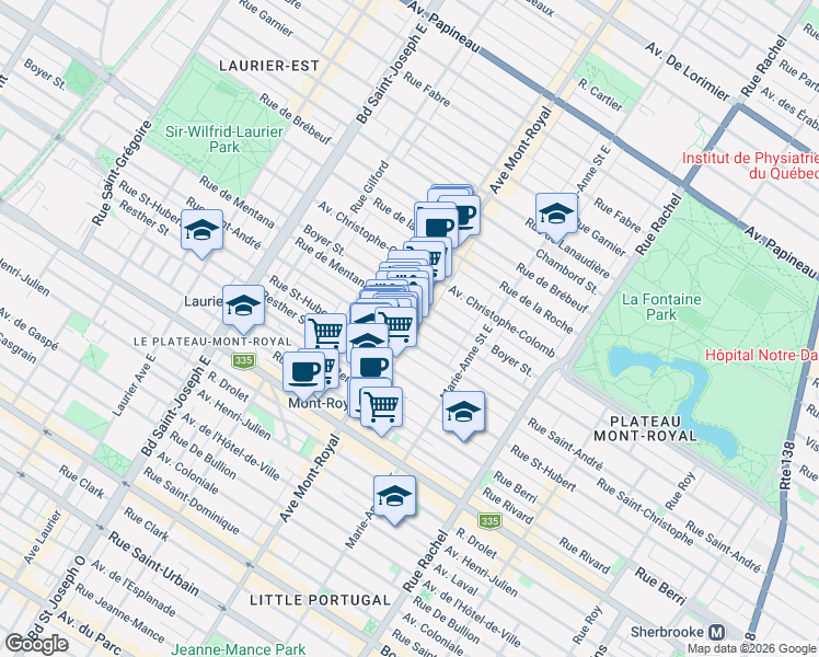 map of restaurants, bars, coffee shops, grocery stores, and more near 920 Avenue du Mont-Royal Est in Montréal