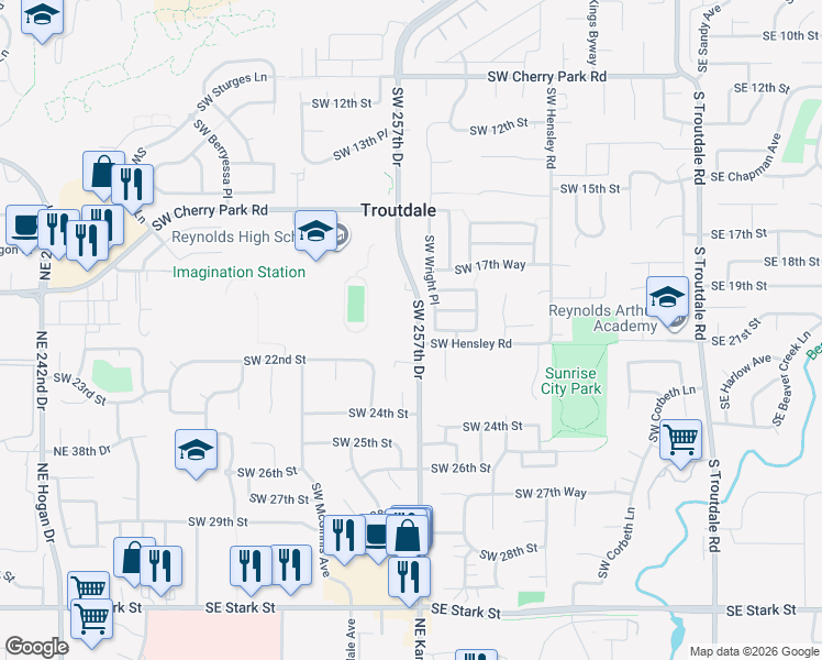map of restaurants, bars, coffee shops, grocery stores, and more near in Troutdale