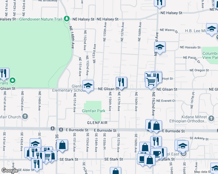 map of restaurants, bars, coffee shops, grocery stores, and more near 15535 Northeast Glisan Street in Portland