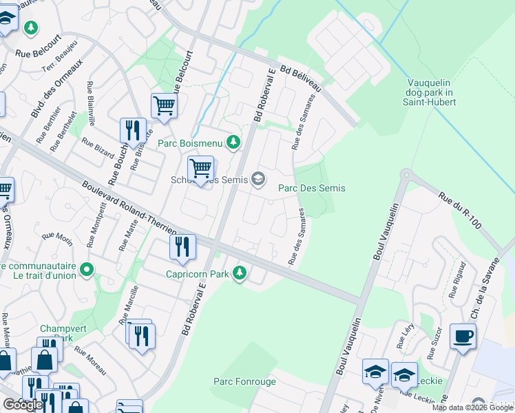 map of restaurants, bars, coffee shops, grocery stores, and more near 2230 Rue Des Salicaires in Longueuil