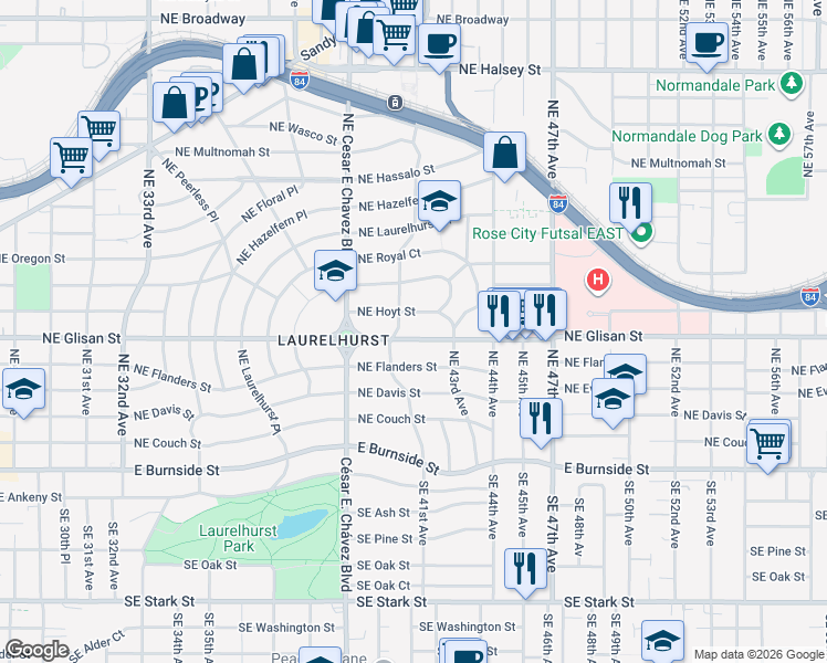 map of restaurants, bars, coffee shops, grocery stores, and more near 4131 Northeast Glisan Street in Portland