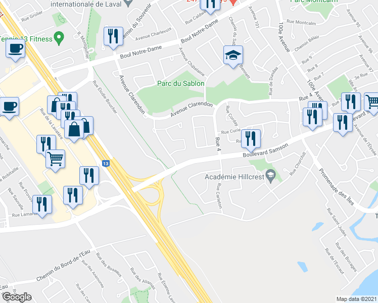 map of restaurants, bars, coffee shops, grocery stores, and more near 403 Avenue de Capri in Laval