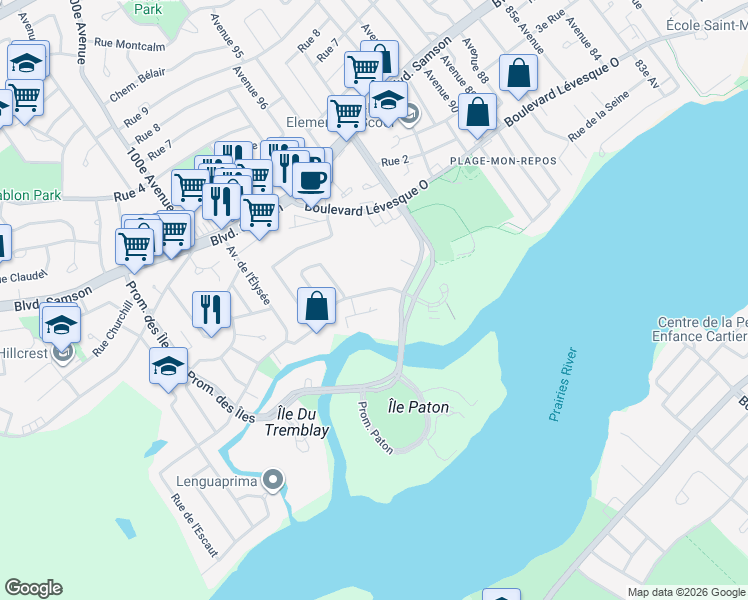 map of restaurants, bars, coffee shops, grocery stores, and more near 4430 Chemin des Cageux in Laval
