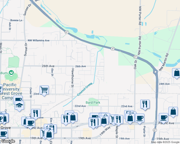 map of restaurants, bars, coffee shops, grocery stores, and more near 2863 25th Avenue in Forest Grove