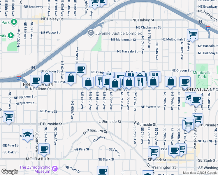 map of restaurants, bars, coffee shops, grocery stores, and more near 6925 Northeast Glisan Street in Portland