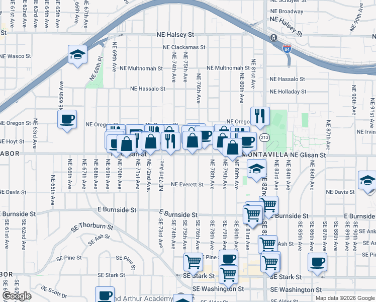 map of restaurants, bars, coffee shops, grocery stores, and more near 7435 Northeast Glisan Street in Portland
