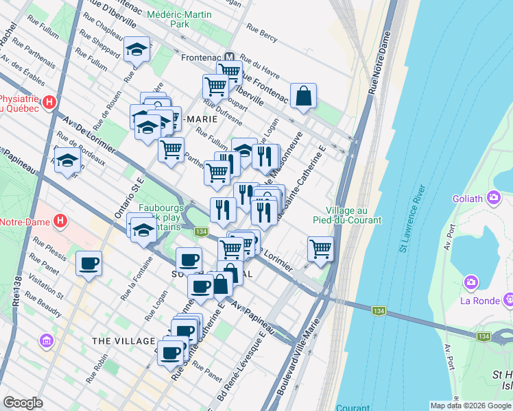 map of restaurants, bars, coffee shops, grocery stores, and more near 2198 Boulevard de Maisonneuve Est in Montréal