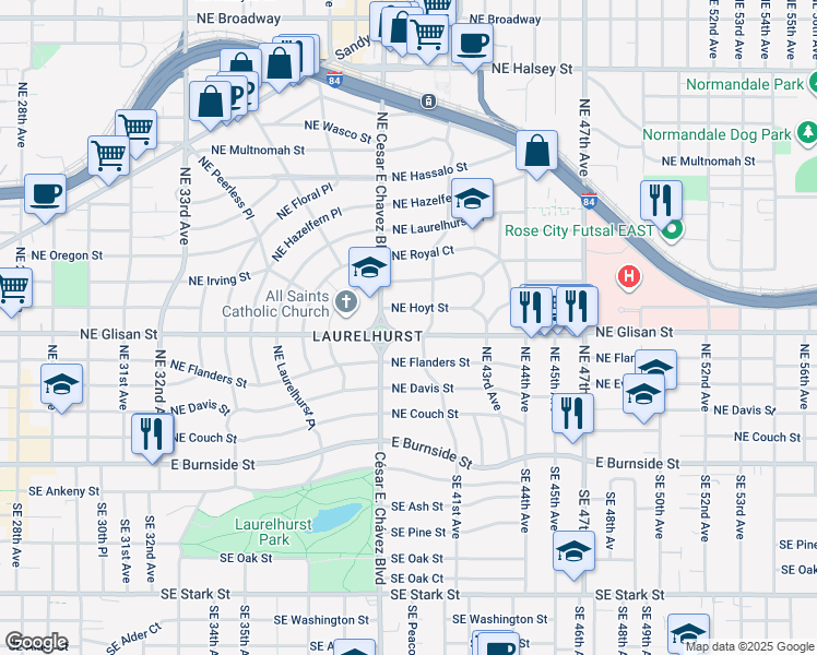 map of restaurants, bars, coffee shops, grocery stores, and more near 3937 Northeast Glisan Street in Portland