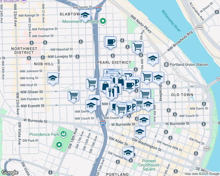 map of restaurants, bars, coffee shops, grocery stores, and more near 1436 Northwest Glisan Street in Portland
