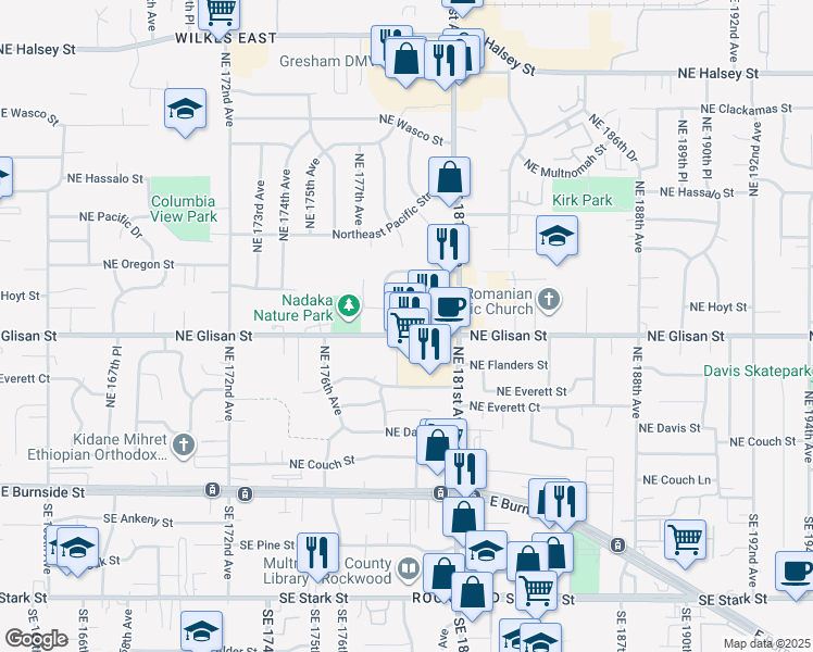 map of restaurants, bars, coffee shops, grocery stores, and more near 17905 Northeast Glisan Street in Portland