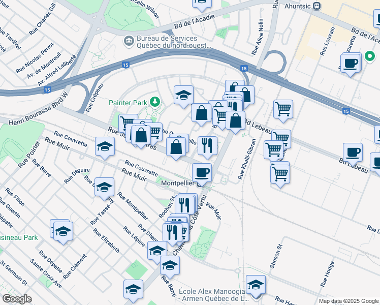 map of restaurants, bars, coffee shops, grocery stores, and more near 405 Boulevard Thompson in Montréal