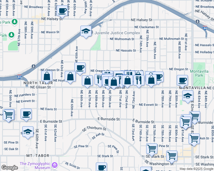 map of restaurants, bars, coffee shops, grocery stores, and more near 6925 Northeast Glisan Street in Portland