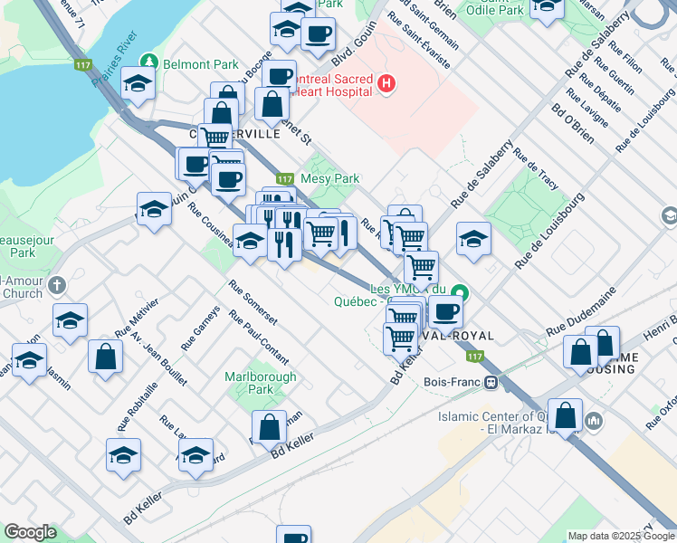 map of restaurants, bars, coffee shops, grocery stores, and more near 12047 Boulevard Laurentien in Montreal