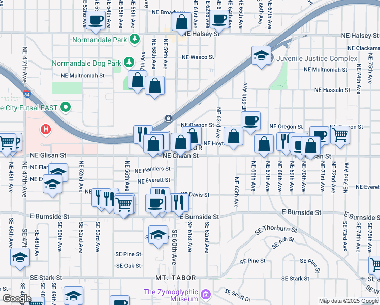 map of restaurants, bars, coffee shops, grocery stores, and more near 6055 Northeast Glisan Street in Portland
