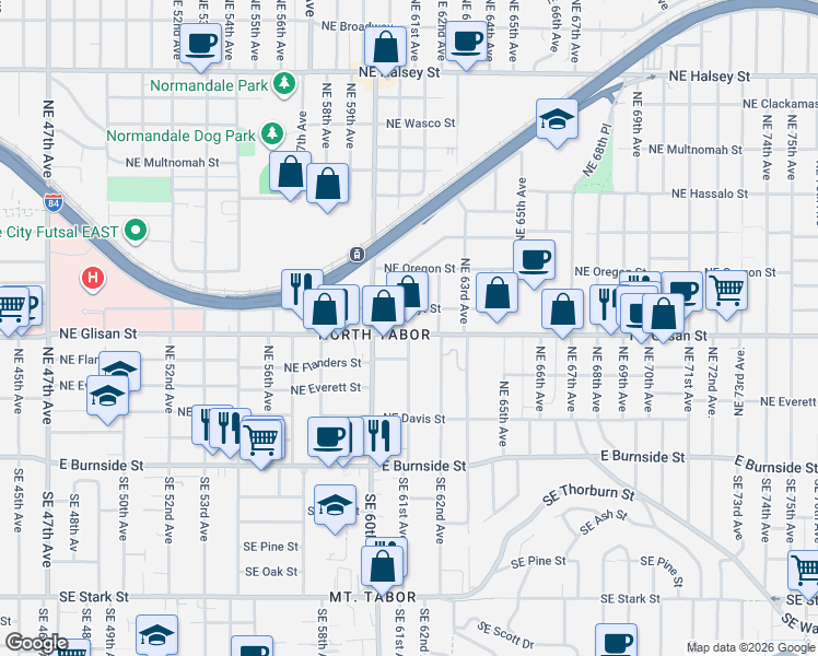map of restaurants, bars, coffee shops, grocery stores, and more near 6063 Northeast Glisan Street in Portland