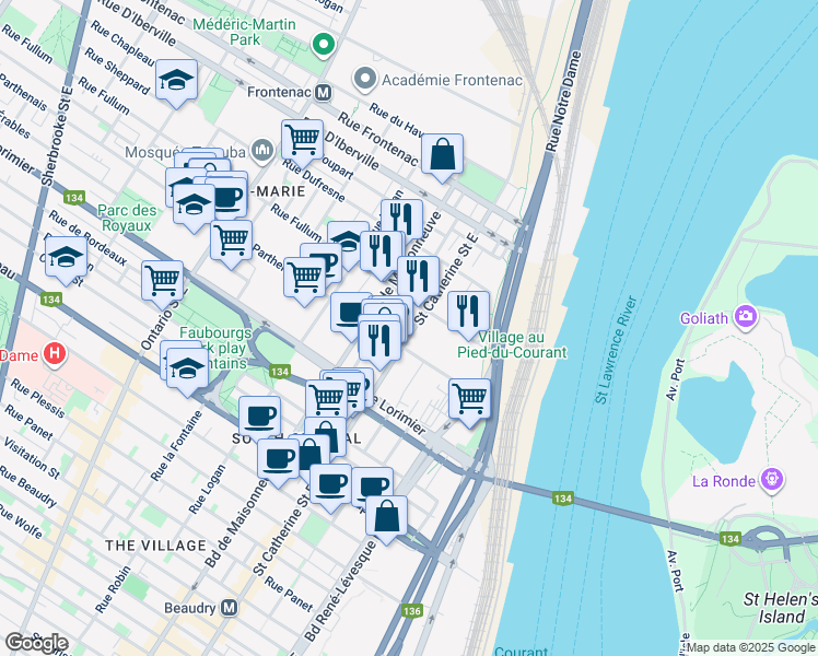 map of restaurants, bars, coffee shops, grocery stores, and more near 2229 Rue Sainte-Catherine Est in Montréal