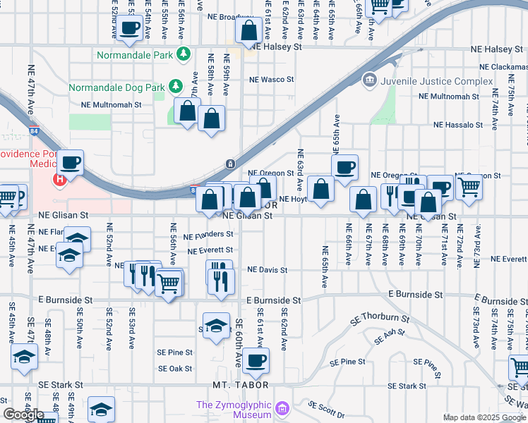 map of restaurants, bars, coffee shops, grocery stores, and more near 6055 Northeast Glisan Street in Portland