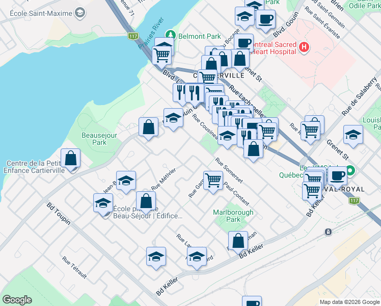 map of restaurants, bars, coffee shops, grocery stores, and more near 6663 Rue Métivier in Montréal