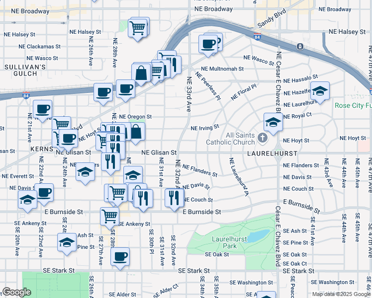 map of restaurants, bars, coffee shops, grocery stores, and more near 3229 Northeast Glisan Street in Portland