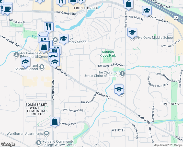 map of restaurants, bars, coffee shops, grocery stores, and more near 17845 Northwest Dogwood Court in Beaverton