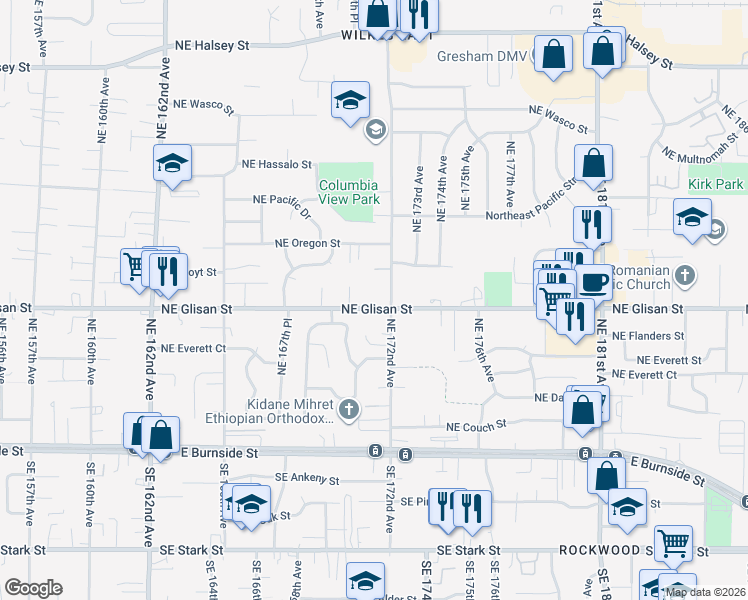 map of restaurants, bars, coffee shops, grocery stores, and more near 17111 Northeast Glisan Street in Portland