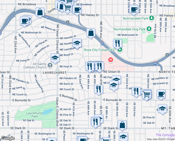 map of restaurants, bars, coffee shops, grocery stores, and more near 4359 Northeast Glisan Street in Portland
