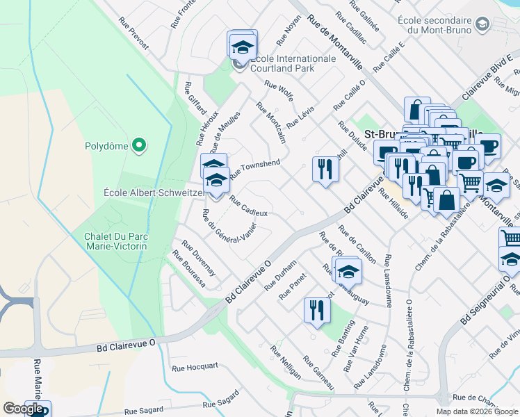 map of restaurants, bars, coffee shops, grocery stores, and more near 1224 Rue Cadieux in Saint-Bruno-de-Montarville