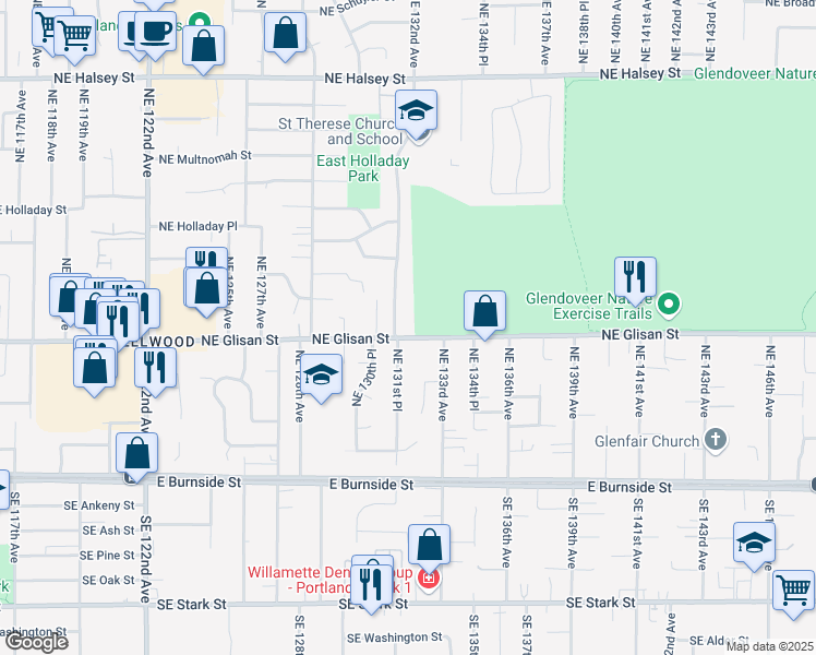 map of restaurants, bars, coffee shops, grocery stores, and more near 13145 Northeast Glisan Street in Portland